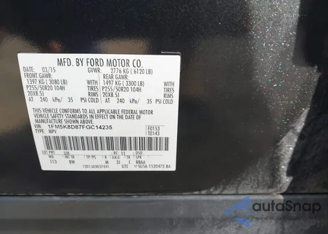 2015 Ford Explorer Xlt из США, поврежденный, VIN 1FM5K8D87FGC14235